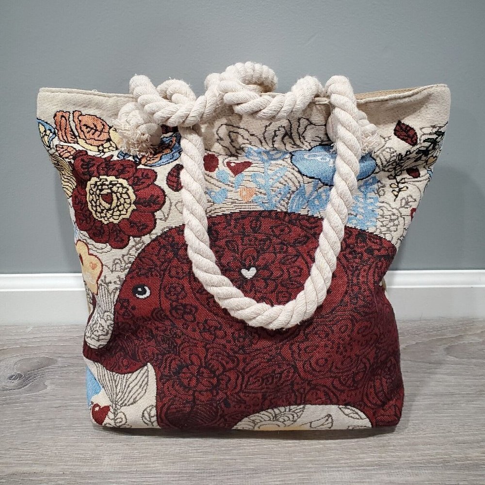 Red Elephant Floral Love Tapestry Canvas Bag Rope Handle Tote Retro Boho Zip
